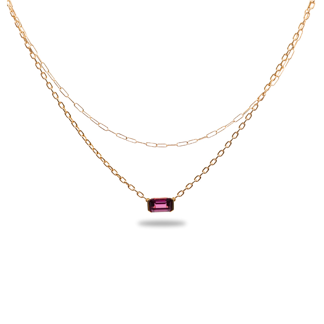 Layered Floating Bezel Necklace in Pink Rhodolite