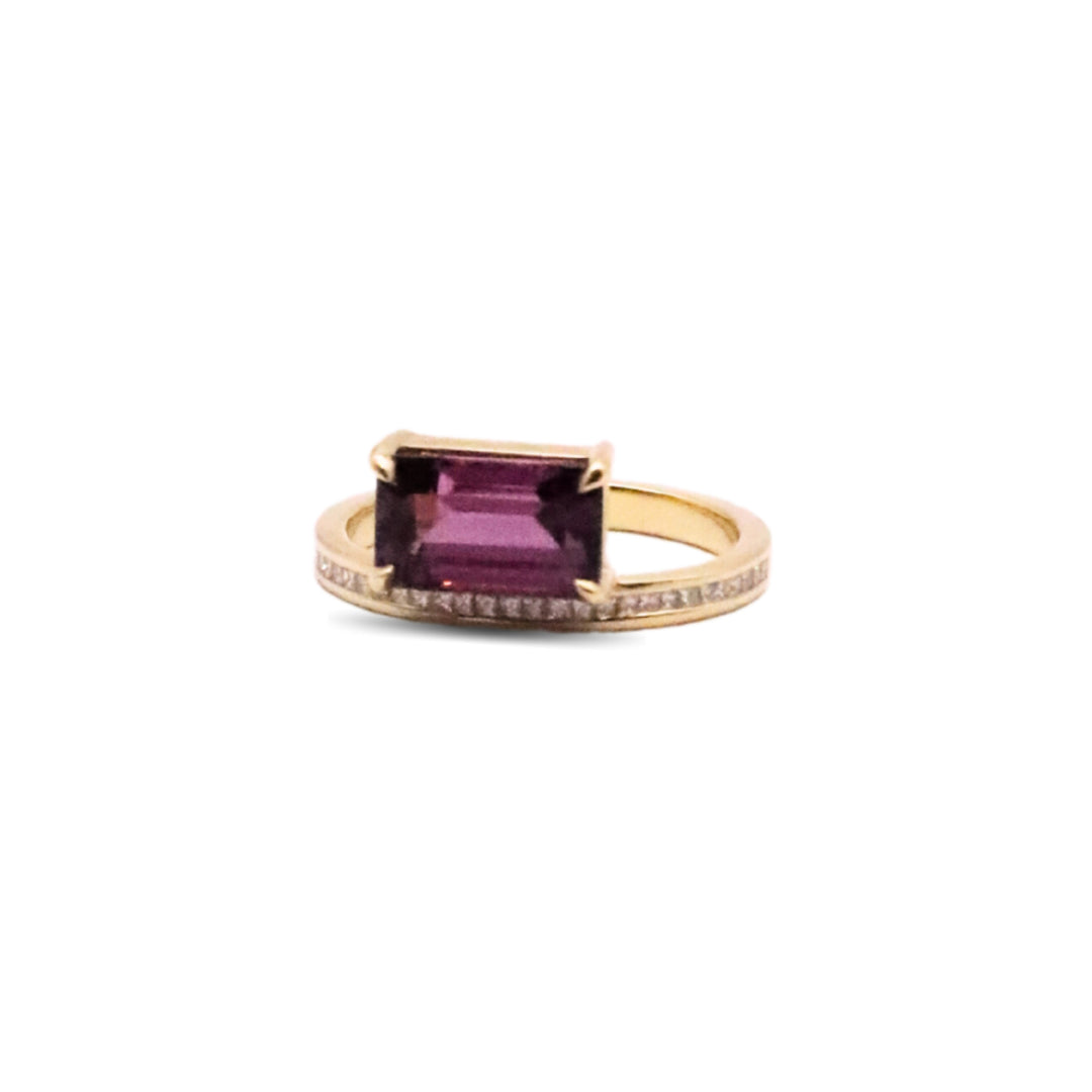 Asymmetrical East-West Ring in Pink Rhodolite and Diamond