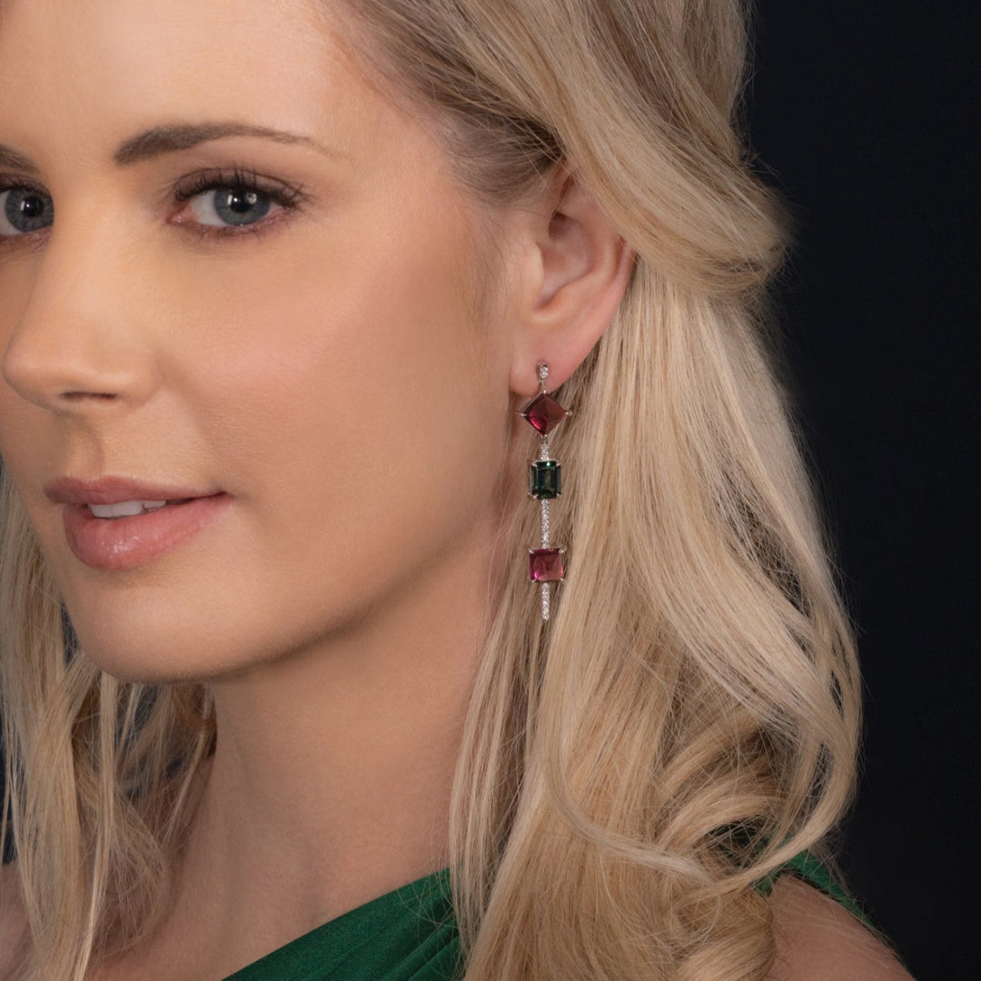 One-of-a-Kind Statement Earring in Green Tourmaline and Pink Rhodolite