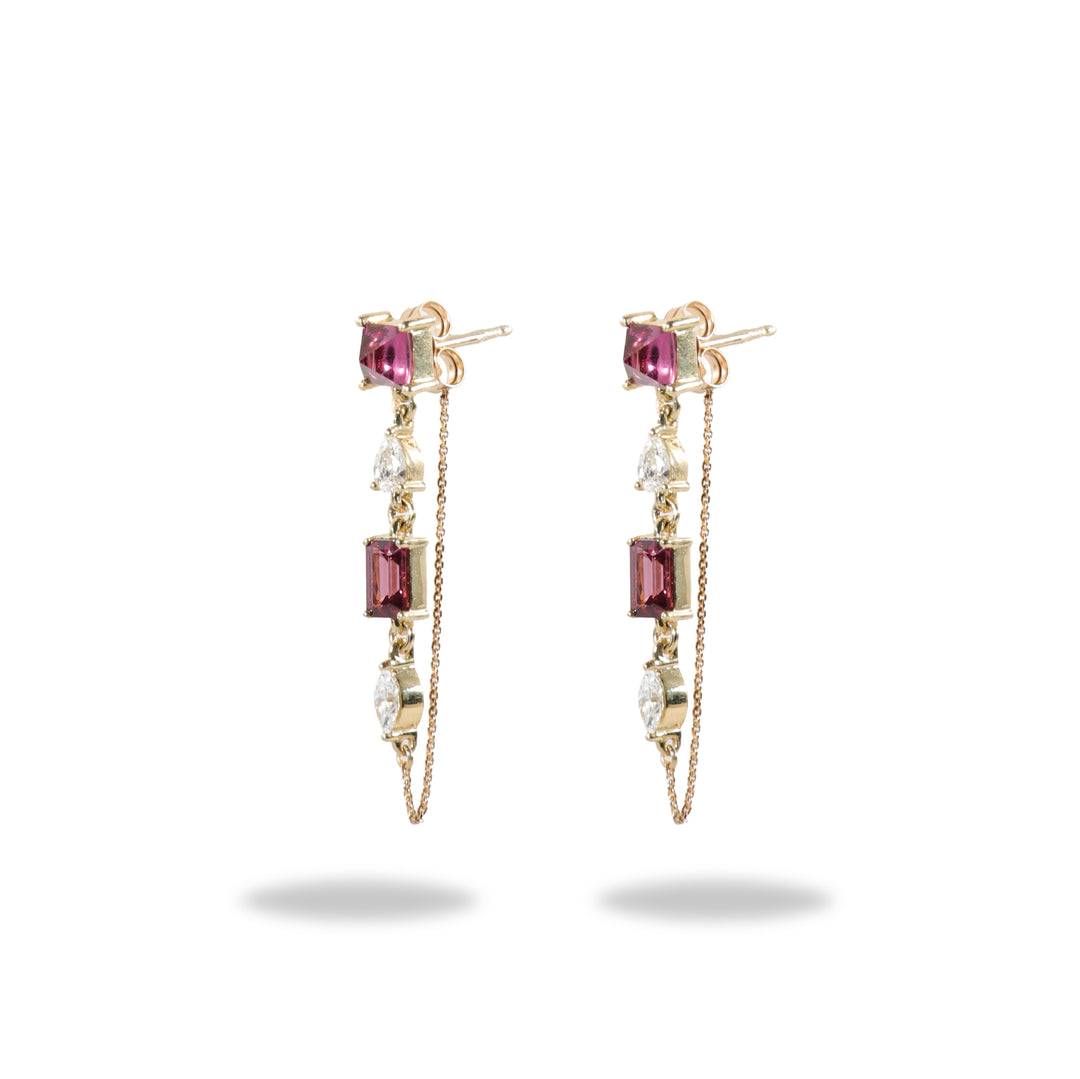 Multistone Chain Earring in Pink Rhodolite and Diamond