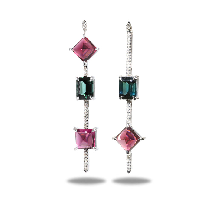 One-of-a-Kind Statement Earring in Green Tourmaline and Pink Rhodolite