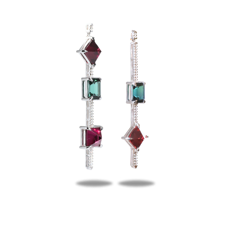 One-of-a-Kind Statement Earring in Green Tourmaline and Pink Rhodolite
