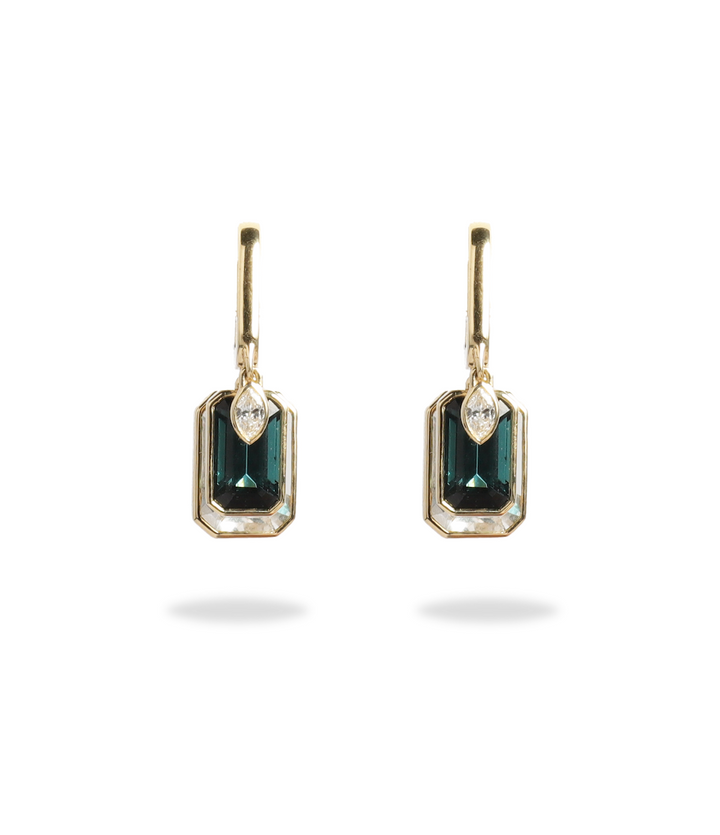 Triple-stone Shaker Earring in Green Tourmaline, rock crystal and Diamond
