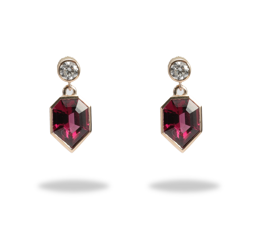 One-of-a-Kind Shield cut Drop Earring in Pink Rhodolite with Diamond Top