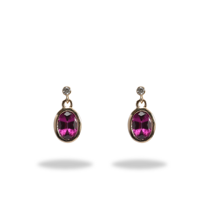 Oval Drop Earring in Pink Rhodolite with Diamond Top