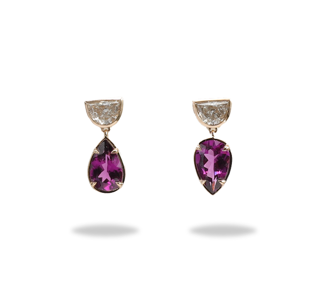 Purple Garnet Drop Earring with Diamond Half Moons