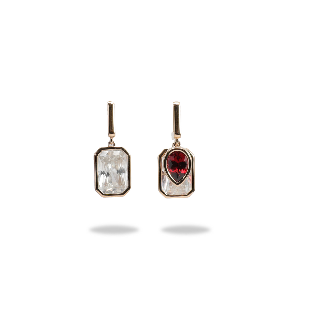 "Single Drop" Earring White Zircon with Garnet