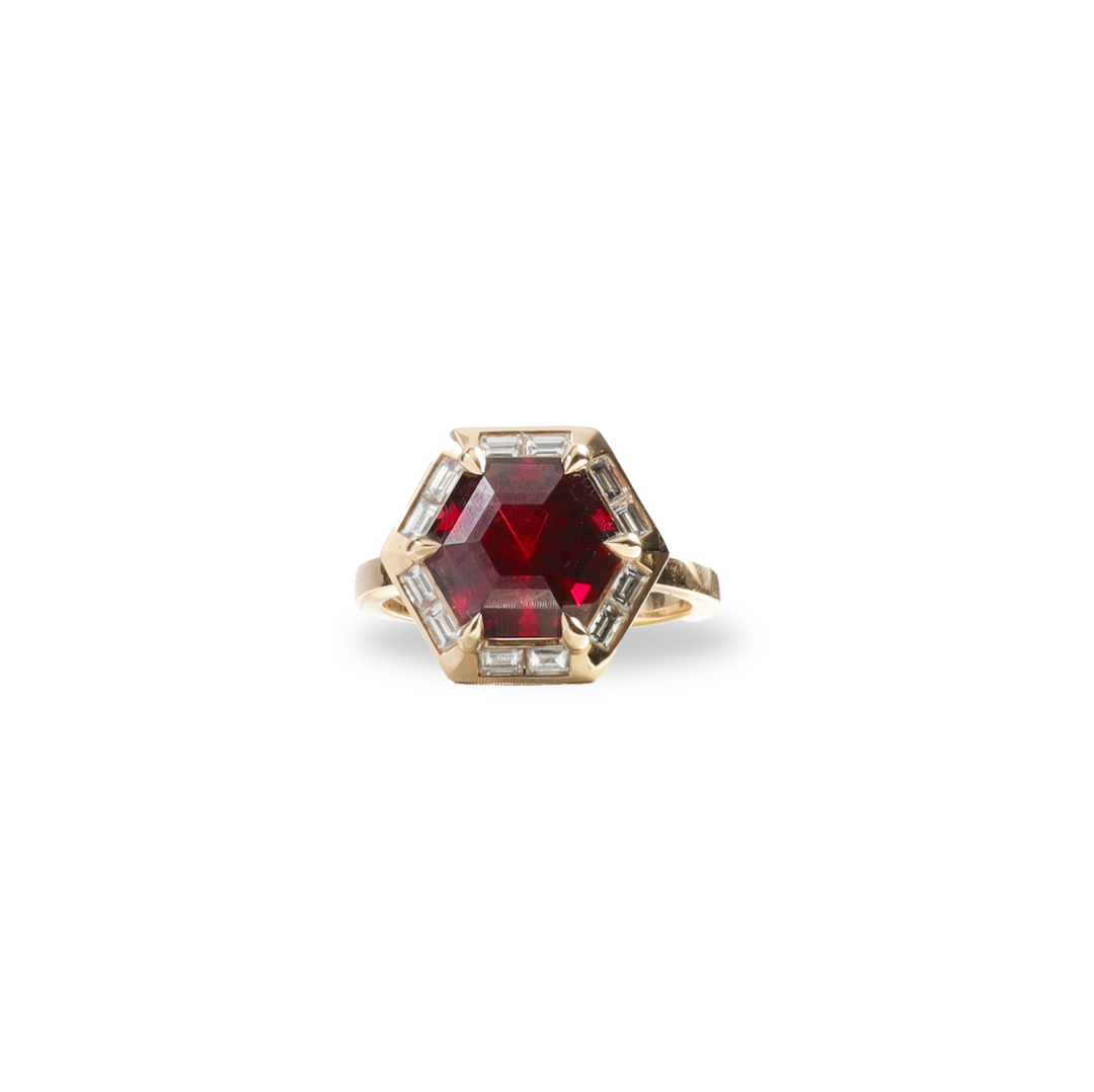 Hexagonal Garnet and Diamond Ring